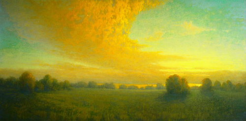 painting of stunning yellow sunset scene over the countryside