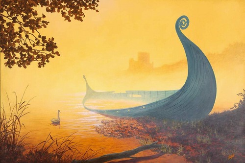 Fantasy painting of a viking boat on the water