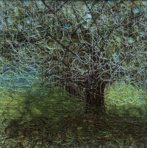 embroidery fiber art painting of a tree and Spanish moss