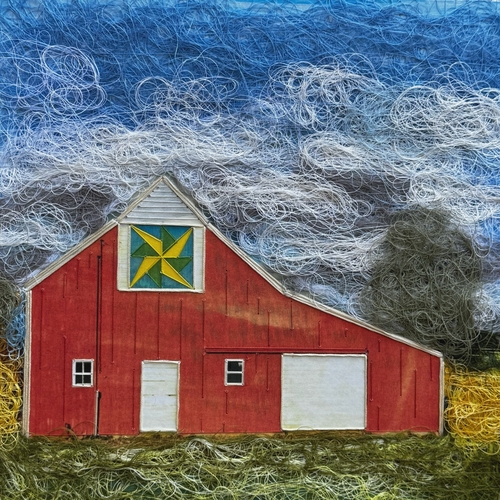 embroidery art landscape with red barn