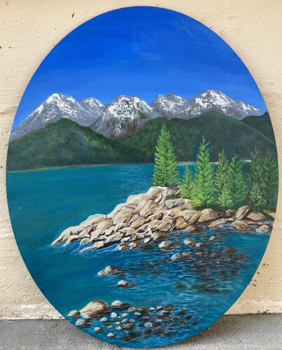 oval acrylic landscape painting of Lake Tahoe