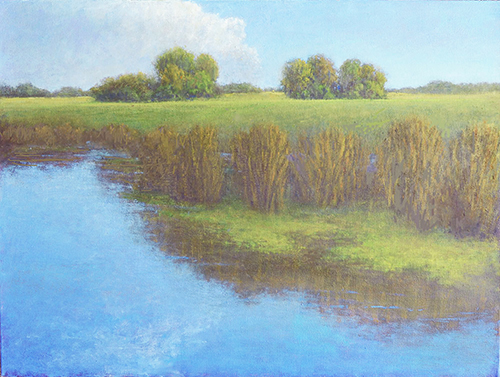 calm and serene painting of a lake's edge