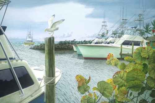 Landscape painting of boats in a Florida marina