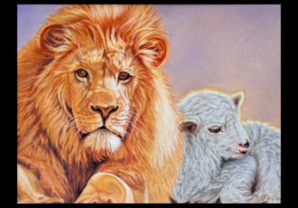 pastel drawing of a lion and a lamb