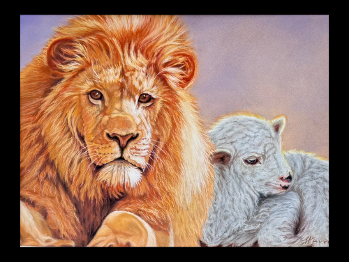 pastel drawing of a lion and a lamb