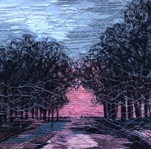 dramatic embroidery fiber art painting of a sunrise