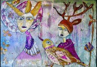 mixed media painting of whimsical characters