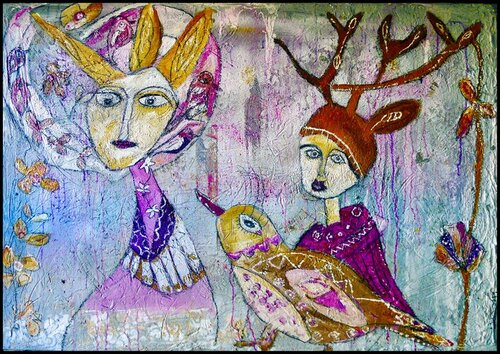 mixed media painting of whimsical characters