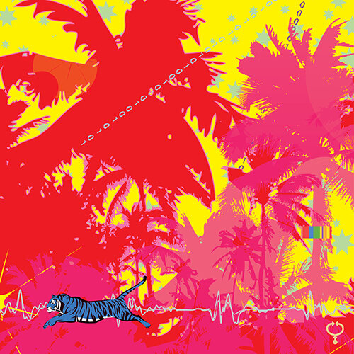 stylized art design with tiger and palm trees