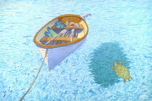 painting of a boat floating in clear water