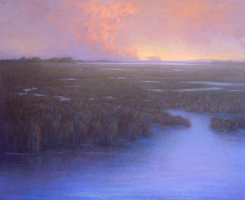 ethereal oil painting of a sunset over wetlands