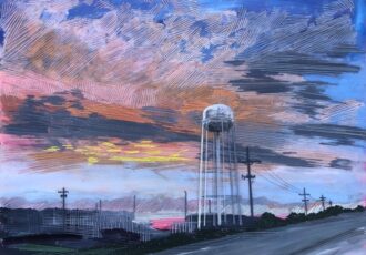 embroidery landscape of a water tower in the sunset