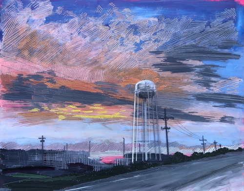 embroidery landscape of a water tower in the sunset