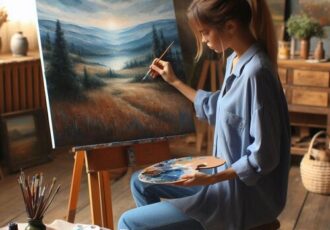 Woman artist painting a landscape