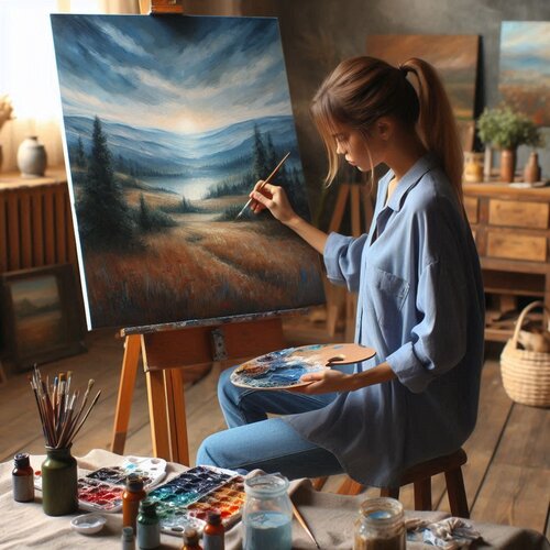 Woman artist painting a landscape