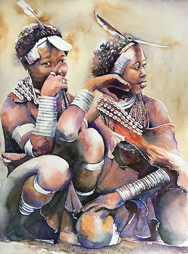 watercolor painting of two African girls