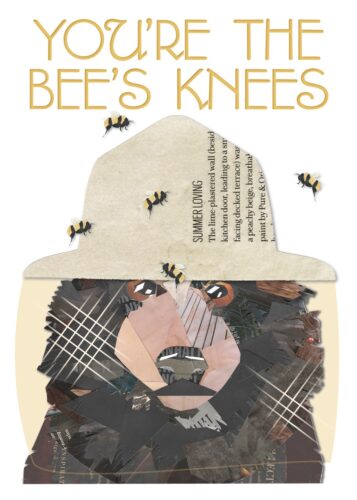 whimsical art collage bear in beekeeper hat