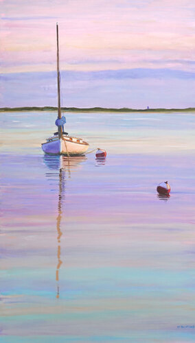 painting of a boat moored on the water at sunset