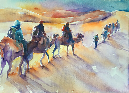 watercolor painting of a desert caravan