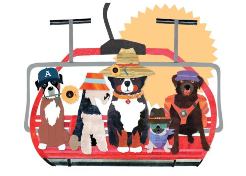 whimsical design of dogs on a chairlift