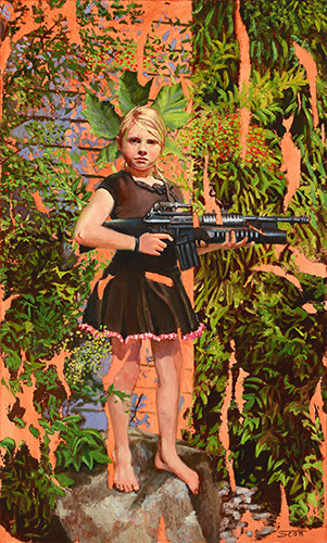 Figurative painting of a young woman with an automatic rifle