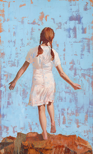 Figurative painting of a whimsical young woman