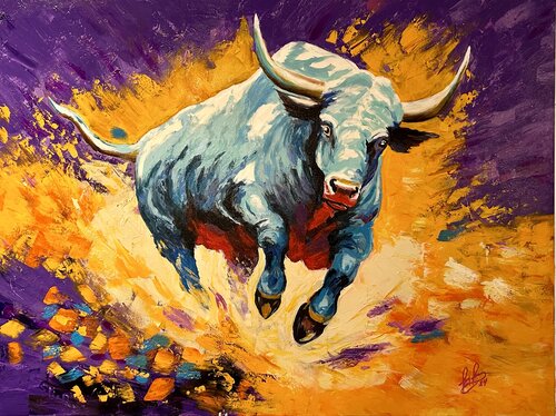 colorful acrylic painting of a charging bull