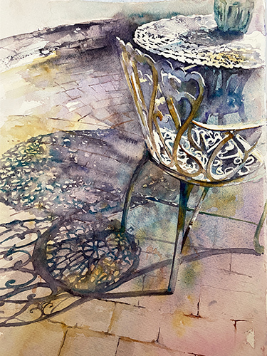 detailed watercolor of a chair and shadow in the sun