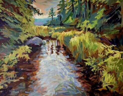 acrylic landscape painting of a river