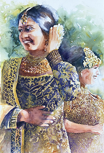 detailed watercolor portrait of a young woman in traditional dress