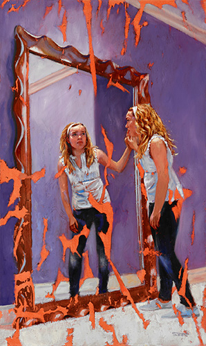 Figurative painting of a young girl and a mirror