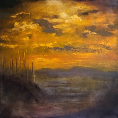 Untitled oil painting of a landscape at sunset