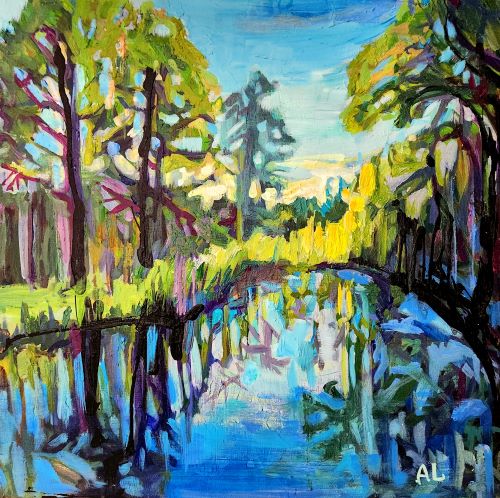 landscape painting trees reflected in water