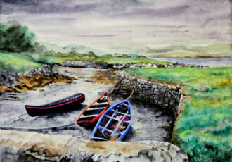 watercolor painting of boats in Ireland