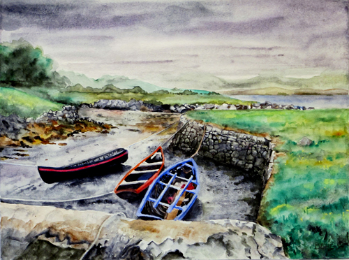 watercolor painting of boats in Ireland