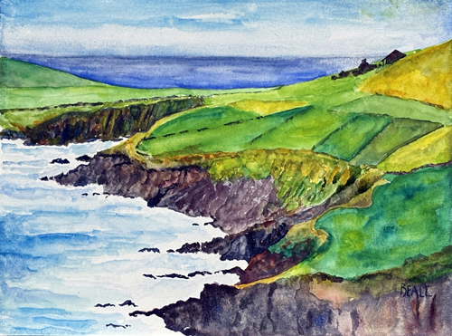 watercolor landscape of hills and the sea in Ireland