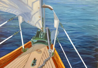 painting of the bow of a boat at sea