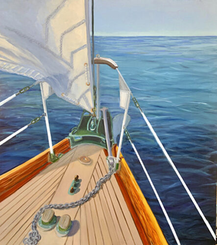 painting of the bow of a boat at sea