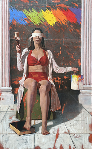 figurative painting of a blindfolded artist