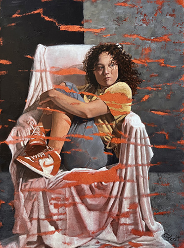 Figurative painting of a young woman in a chair