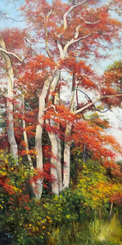 oil painting of red fall leaves