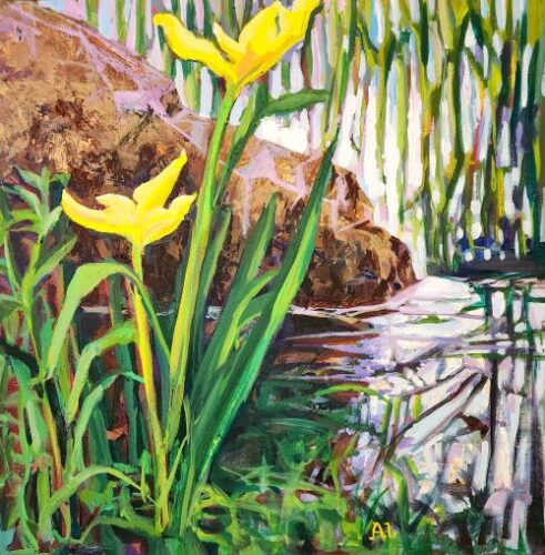 painting of flowers growing in a bog