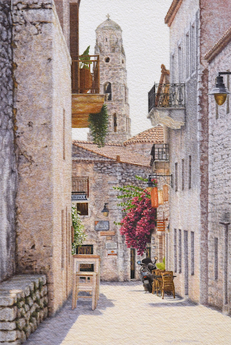 detailed watercolor landscape of a village scene