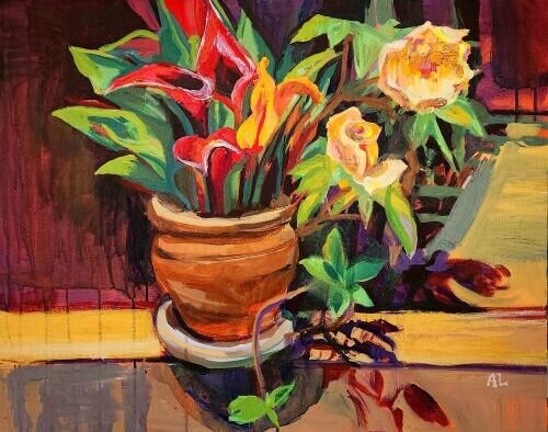 acrylic painting of a colorful plant in a pot