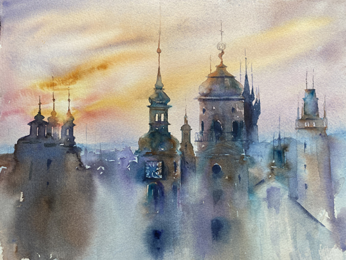 ethereal watercolor of an urban landscape