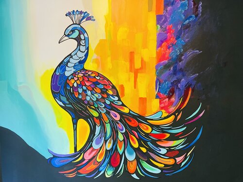 colorful acrylic painting of a peacock