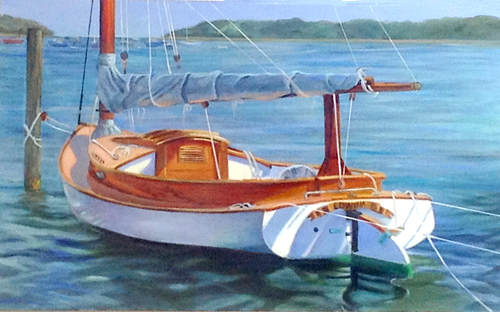 painting of a sailboat in a harbor