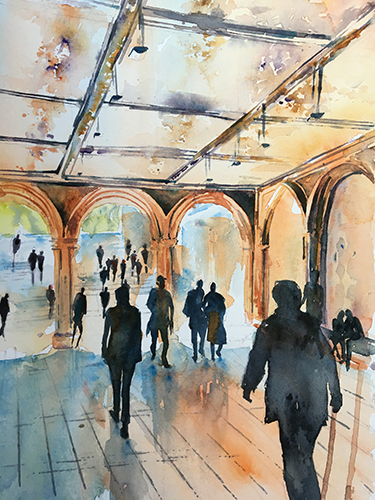 watercolor painting of a subway station