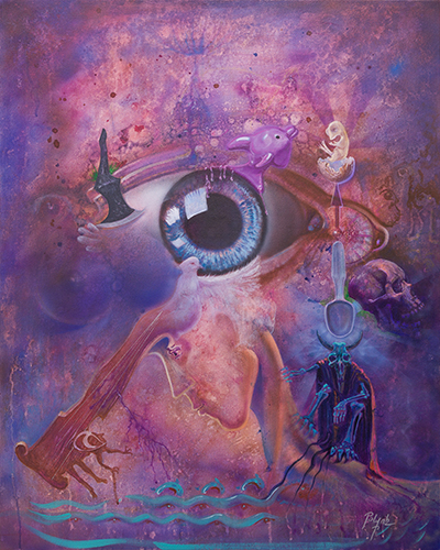 surreal painting of an eye in pinks and blues