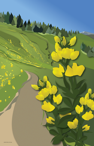 contemporary digital artwork of yellow flowers in a field